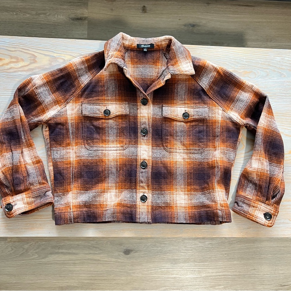 Madewell Flannel Crop Shirt-Jacket in Plaid -Size Small -Orange, Brown - Picture 2 of 7